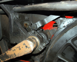 Some detail of work done previously: the reach rod (right) disconnected from the weighshaft (left), all pins, nuts and bolts securing the latter loose to allow its ready removal when the time comes.