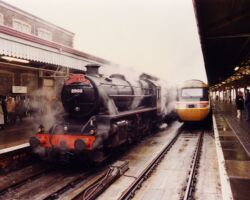 2968 rubs shoulders with an HST set at Swansea High Street after arrival with the 05.30 from Northampton via Worcester Shrub Hill on 11-01-97. 2968 was in fact the pilot loco to train engine 7325 which is hidden behind 2968 in the fog and steam.