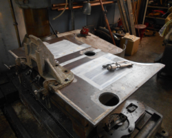 The main part of the new vertical cross member, with the firebox support bracket clamped in place, which will replace that seen in earlier pictures of the drag box, on the radial drill prior to setting up and drilling yet more holes.