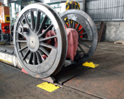 The trailing wheelset, temporarily positioned on the wheeldrop road.