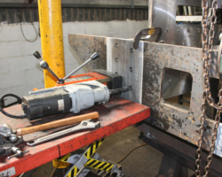 The “mag drill” positioned ready to drill one of the holes in the left hand inner angle.