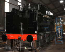 A rear 3/4 view of our tender showing off its first coat of gloss black.