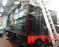 Although painting the tender is complete, it remains in the paint shop warm and dry, but difficult of access for photography. This though perhaps gives an indication of the quality of the work done.