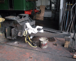 The pony truck wheels will also visit the SDR and have been removed from the truck. The truck itself is otherwise still in one piece, but every split pin has been removed and all nuts and all bolts freed by Fund volunteers ready for when its time for attention comes.