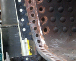 The inner firebox side, visible following the removal of the inner backplate. There is some wastage to the rear six inches or so, which will be made good. Generally, the boiler seems to be in good condition.