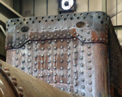 Meanwhile, in the boiler shop, one patched part of the boiler assembly which survived the non-destructive testing was the lower front throatplate, the patch seen here. Despite this, it has been decided to renew the metal behind, thereby eliminating the patch.