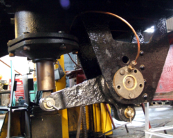 Back on the loco, the bellcrank from the steam brake cylinder is fitted and the new lubrication pipework attached. The bushes on which the crank rotates might need to be removed, hence for now are secured by only two bolts per side.