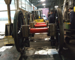 Most of the Fund’s working party activities this day concentrated on clearing up the working site preparatory to the engine’s being rewheeled, including the pony truck. These are the wheel sets with all springs and horn clips in place, ready to be moved back for the engine to be dropped on to them.
