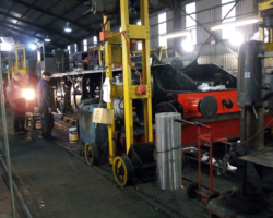 The engine again standing on all its wheels, once more a 2-6-0. It had been a hard but very successful and satisfying day. The rewheeling allows many components, already prepared, to be fitted.