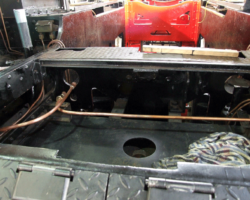 Below the cab floor, the pipes from each side are extended below floor level. Eventually, a third pipe will be provided for the lead sanders, and all three will have extension pieces leading vertically up the firebox backplate to the sand / blower valve.