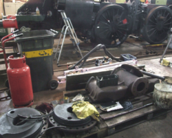 Another view of the parts, including the superheater header, motion parts and some pipework.
