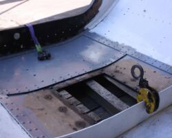 The fittings in place ready to lift the cab roof with the JCB.