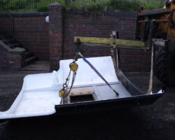 The cab roof on its way from the back of the paint shop to the yard in front of the loco shed.