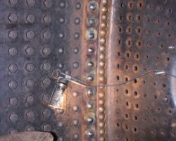 During our visit on the 13th May we found the new roof stays had been peened over inside the firebox (second vertical row of rivets/stays from the right).