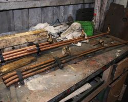 Both sets of pipes are seen here - the Right hand (and yet to be cleaned) ones at the front contrast with the newly cleaned and tidied Left hand ones at the back. Both sets will returned to storage when finished to await final assembly after the cylinder cladding has been fitted.