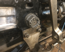 The other end (the little end) of the right hand connecting shown fitted inside the cross head - the gudgeon pin nut has yet to be fully tightened and secured in place.