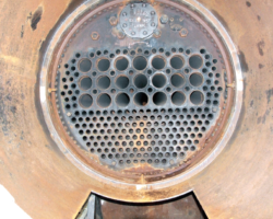 Inside the bone-dry smokebox with 300 p.s.i. on the gauge. Andy was happy to sign off the test, and we now have a boiler certificate. The ten years of the boiler ticket has begun.