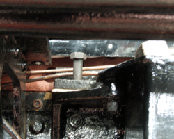 This close up gives some idea of the limited access, as well as showing that the running plate had to be lifted to allow the bolts’ removal and replacement.