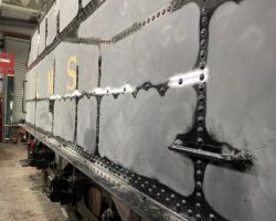 The tender sides between the rivets have also been “flatted” ready for painting once the rivetted areas have been prepared by hand.